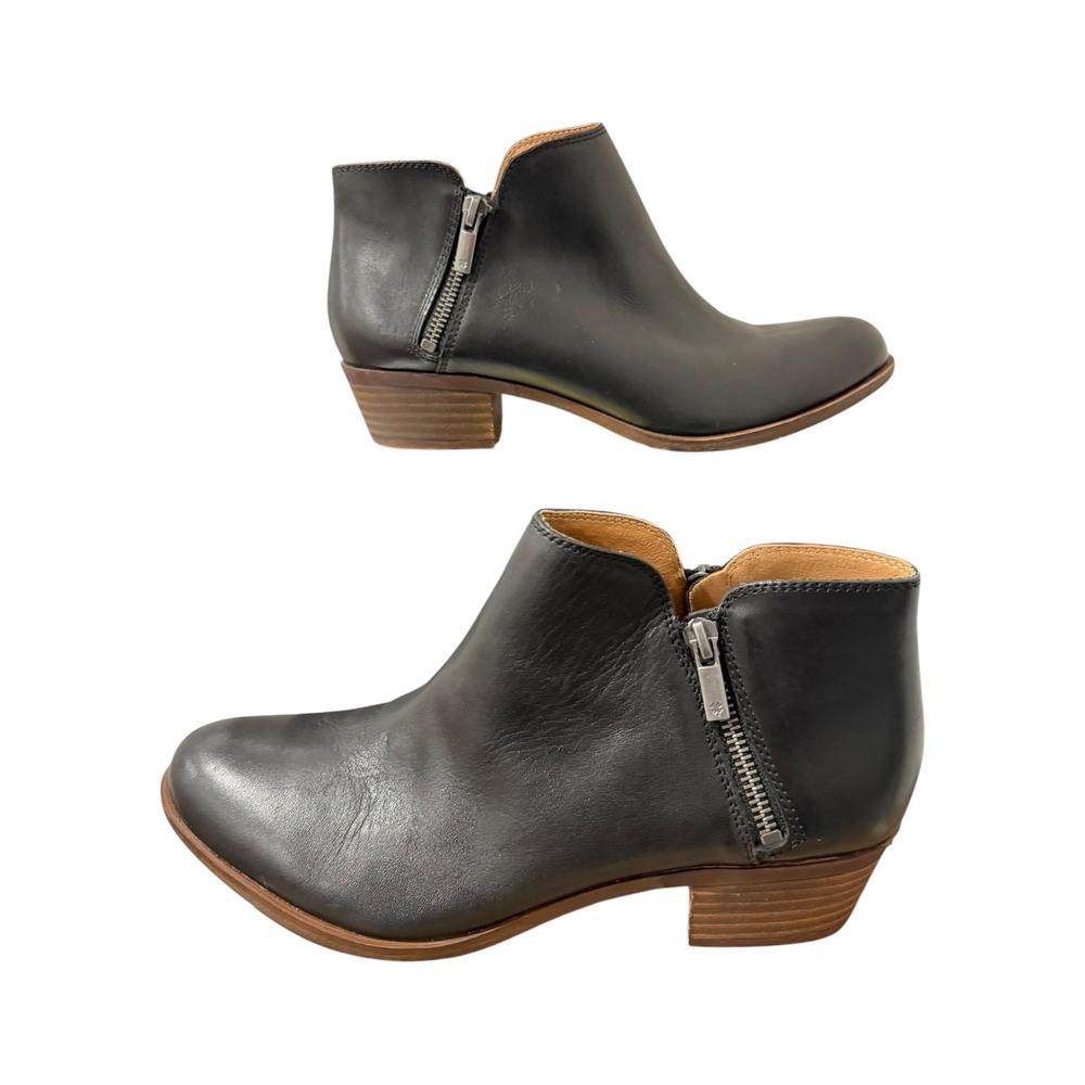 Lucky Brand Burklee Black Leather Ankle Boots Side Zip Block Heel 9.5 LP-BURKLEE